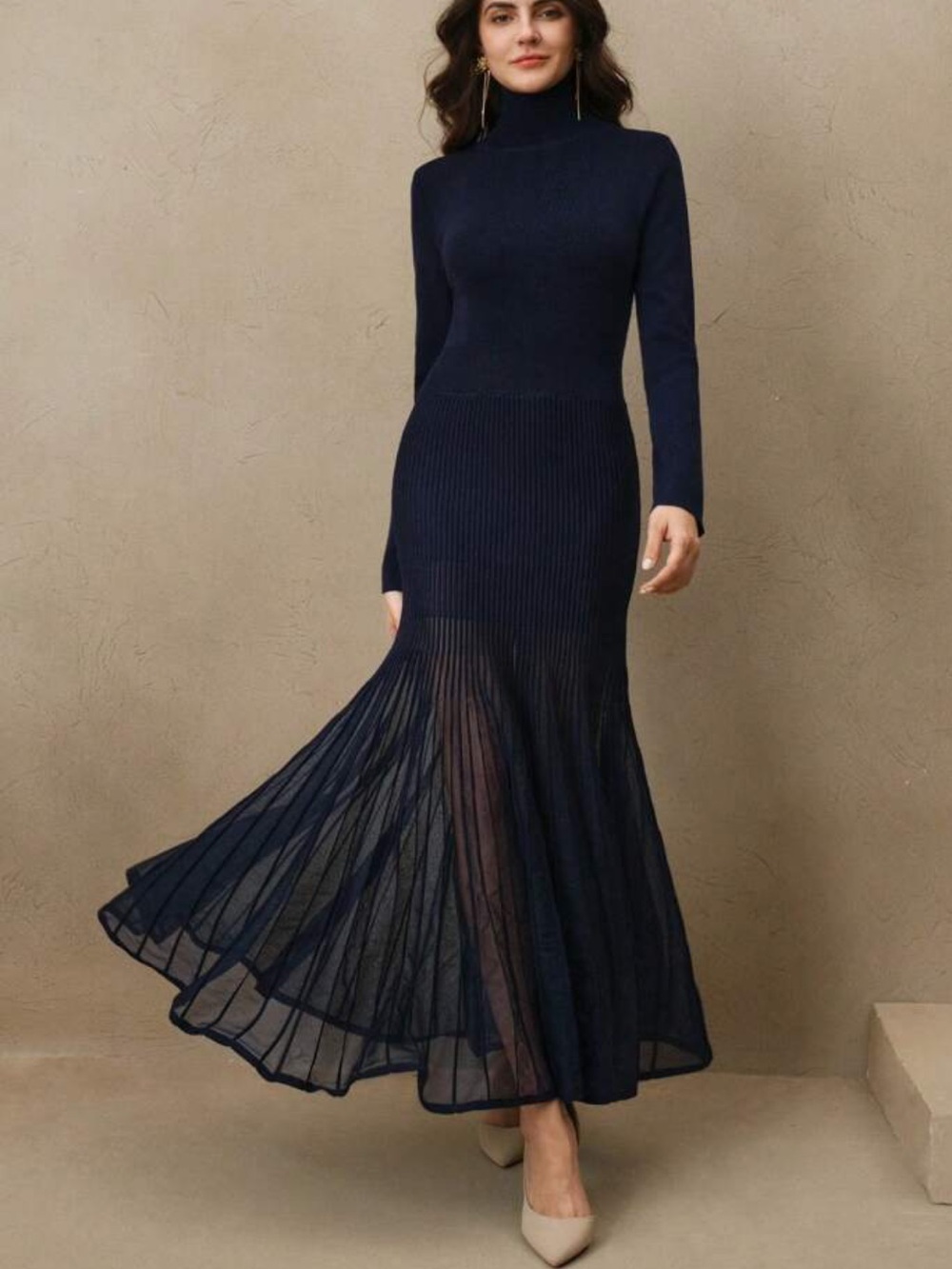 Black Long-Sleeve Turtleneck Pleated Maxi Dress- ruffled bottom- sheer- New/Tags